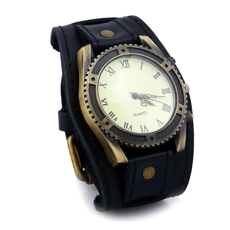 View 4 — Men’s vintage-style steampunk watch — bracelet leather