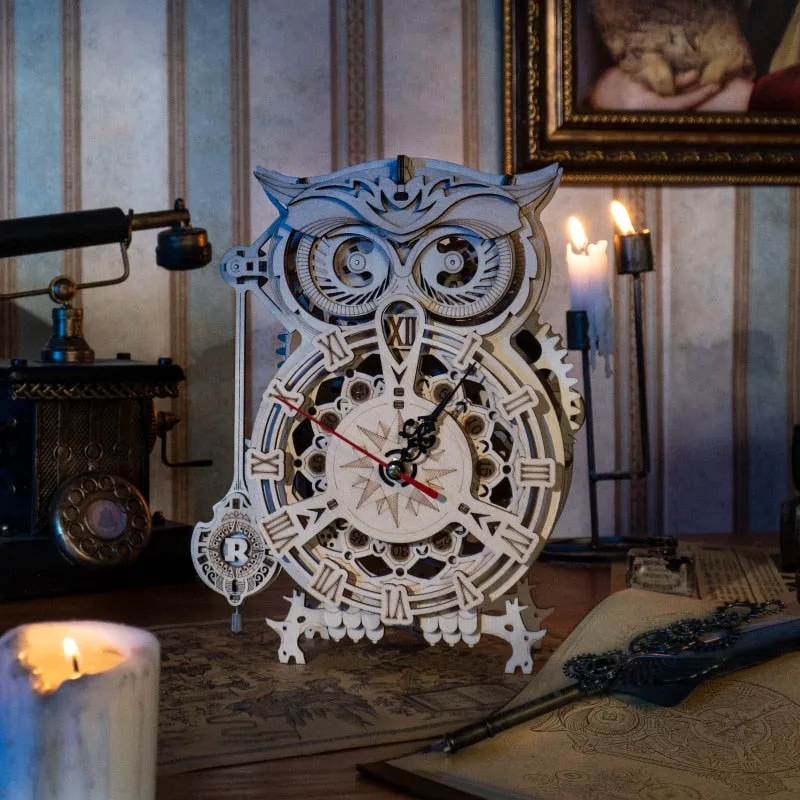 View 2 — Steampunk model kit — wood clock owl
