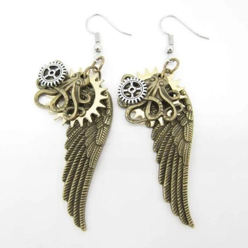 View 3 — Vintage-style steampunk earrings — wings 'angel