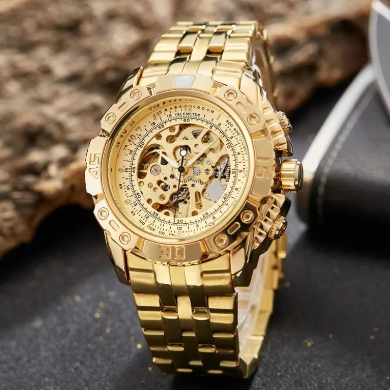 View 2 — Men’s steampunk skeleton watch — steel gold-coloured