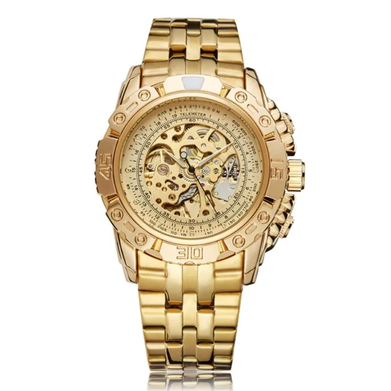 Men’s steampunk skeleton watch — steel gold-coloured