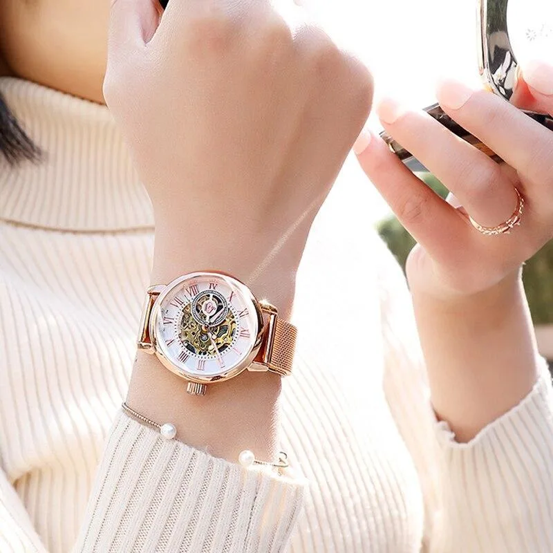 View 2 — Women’s automatic steampunk skeleton watch