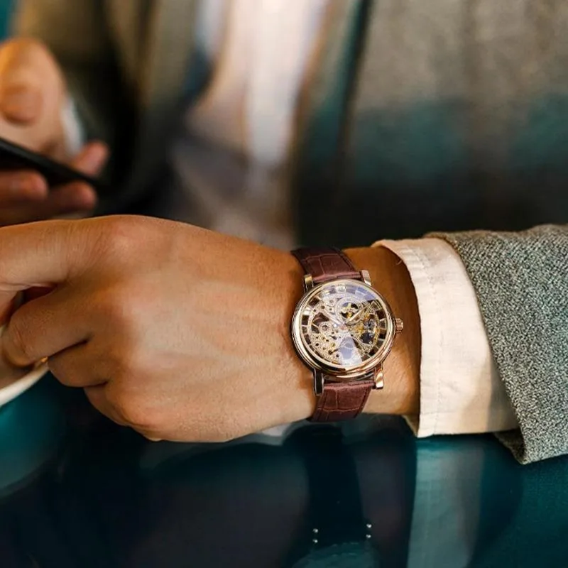 View 2 — Men’s steampunk watch — skeleton bracelet faux leather