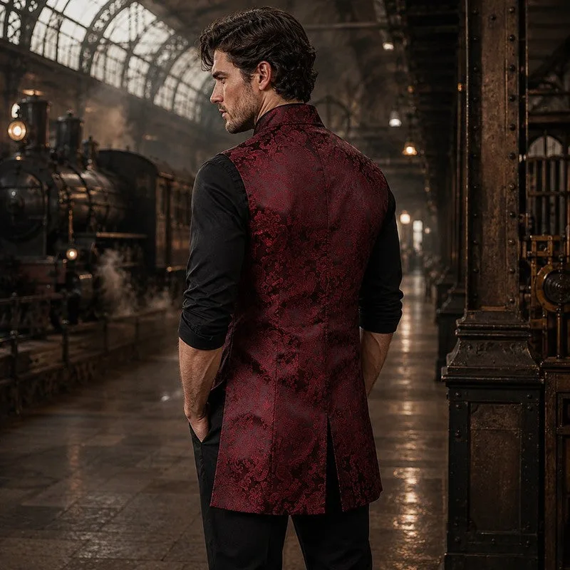 View 7 — Men’s gothic steampunk jacket — costume sleeveless red