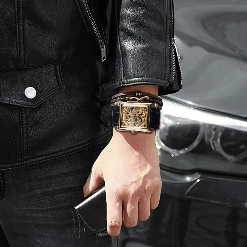View 2 — Men’s steampunk skeleton watch — rectangular