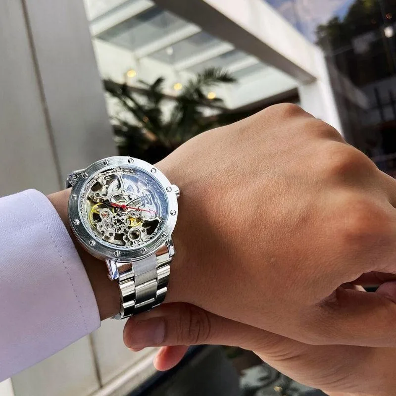 View 5 — Men’s automatic steampunk skeleton watch