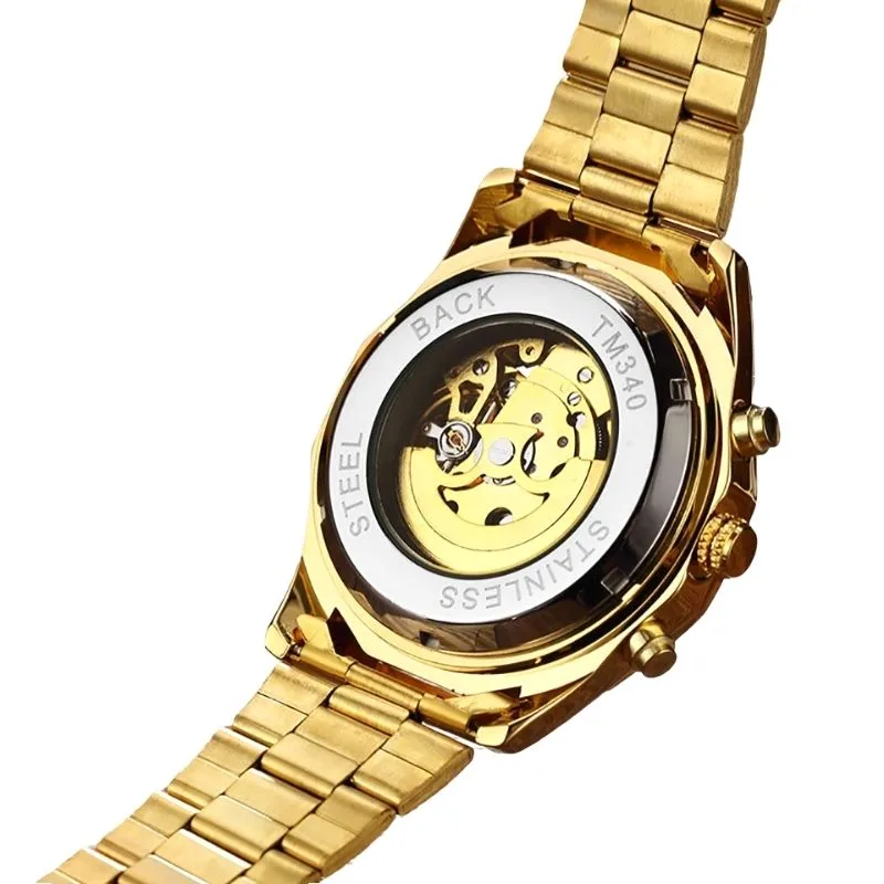 View 4 — Men’s steampunk skeleton watch — steel gold-coloured