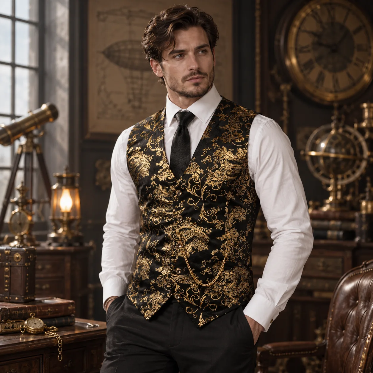 View 14 — Men’s steampunk waistcoat — costume printed