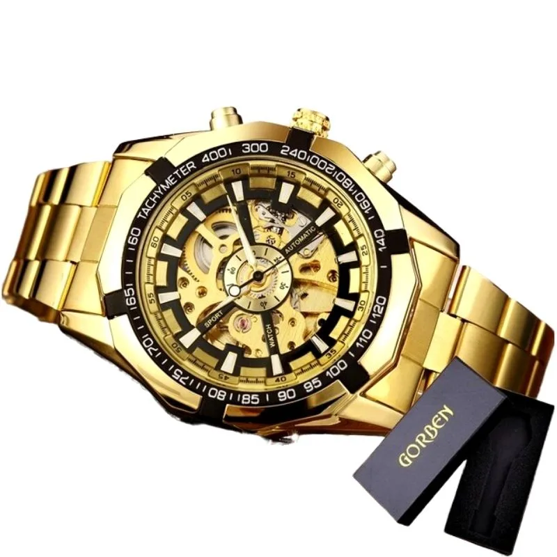 Men’s steampunk skeleton watch — steel gold-coloured