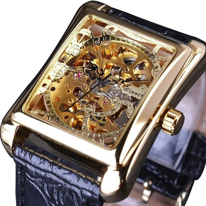 Men’s steampunk skeleton watch — rectangular